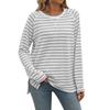 Autumn Winter Striped Contrasting Round Neck Long Sleeved Loose T-shirt Top for Women