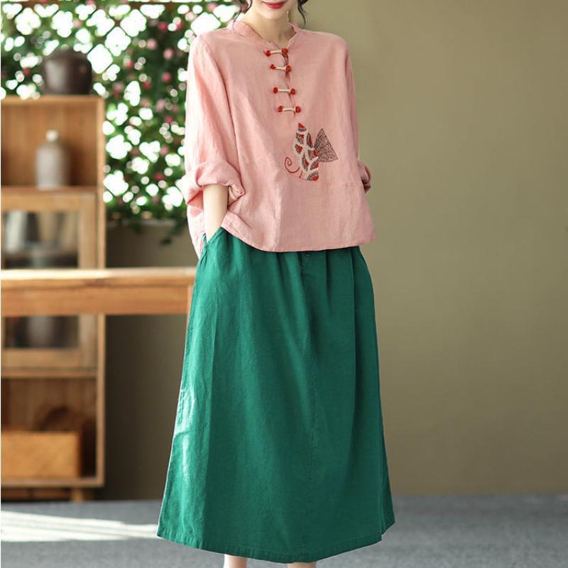 Этнические китайские женские футболки с вышивкой, топы, блузки, повседневная ретро-блузка