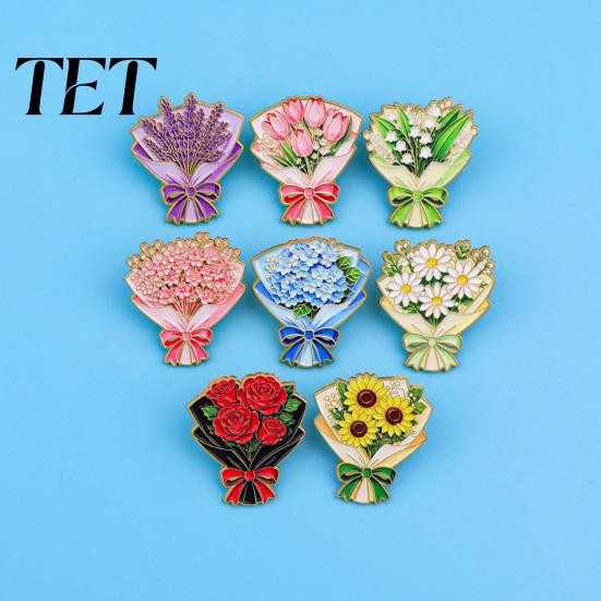 Gift for Flower Lovers Bouquet Brooch Pin Women, Enamel Romantic Jewelry, Durable Floral Zinc Alloy Lapel Coats Dresses And Scarves Gold Edge