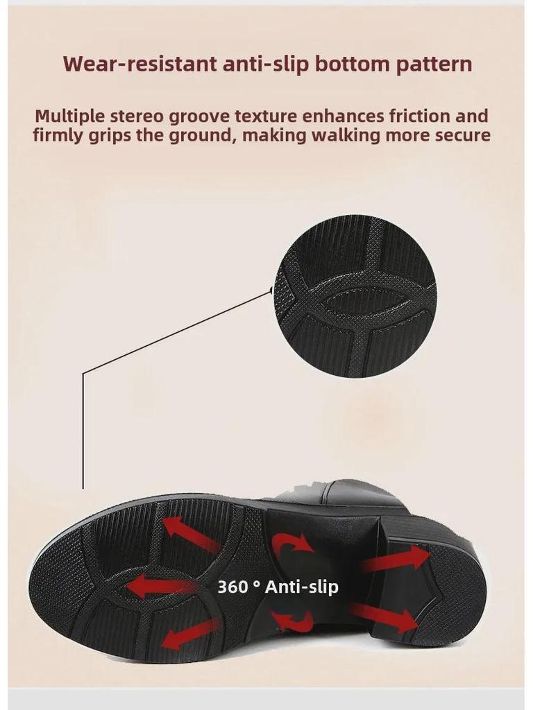 Зимние кожаные ботинки на среднем каблуке для женщин среднего возраста — теплые, нескользящие, с бархатной подкладкой.