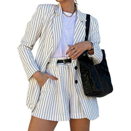 Yousheng, комплект из 2 шт./компл., пальто, шорты, полосатый отложной воротник, однобортный, с длинным рукавом, свободный, с высокой талией, комплект женской куртки с шортами в коммутационном стиле