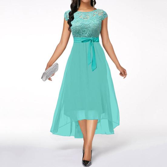 Вечернее платье с круглым вырезом, ажурное кружево, V-образная спинка, с поясом, узкая талия, потайная молния, неровный подол, двойной слой, короткий рукав, вечеринка для выпускного вечера в стиле ретро