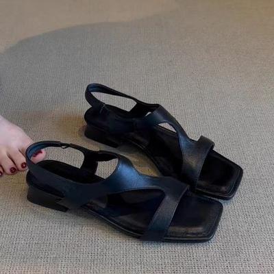 Версия из овчины~ нишевые сандалии с Z-образной пряжкой, с открытым носком и квадратным мысом, для женской верхней одежды, модные и удобные для поездок на работу, черные римские