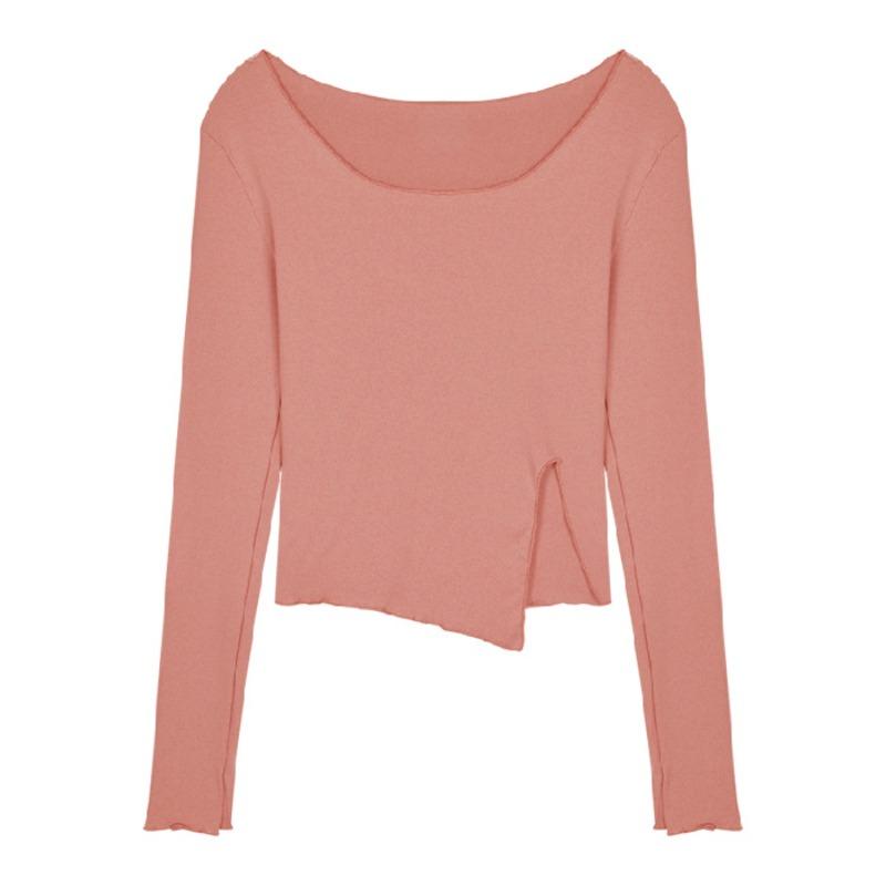 Однотонная футболка женская короткая нерегулярная тонкая открытая с длинным рукавом с базовой рубашкой осенняя тонкая верхняя тенденция