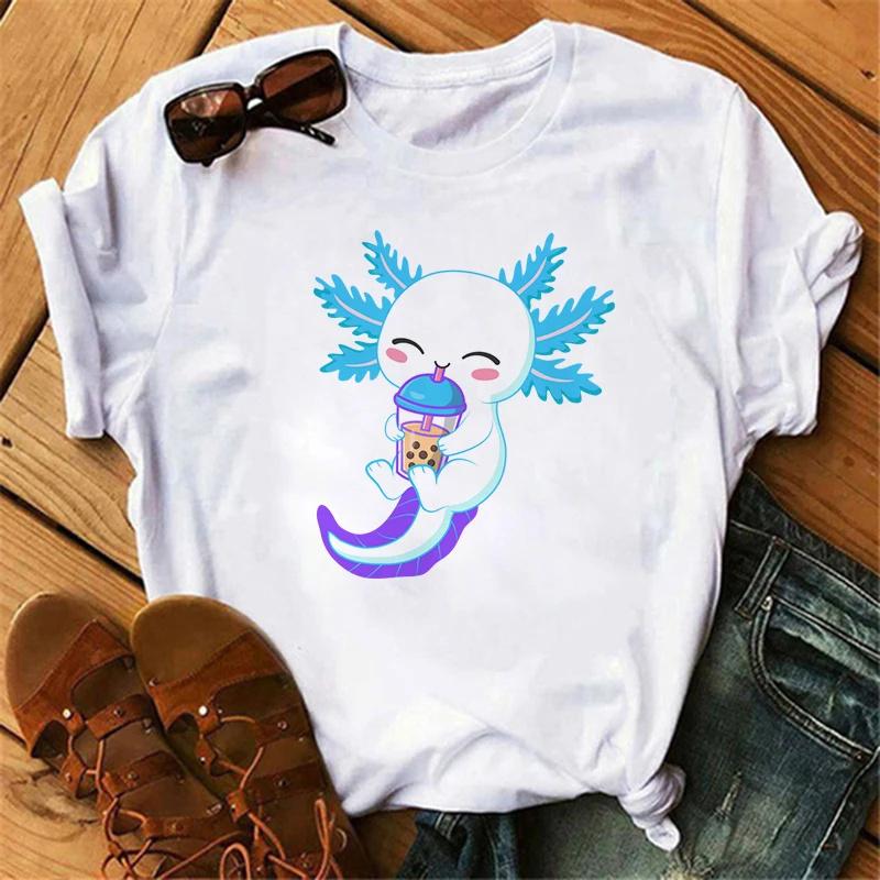 Футболка Axolotl, одежда унисекс, милая, кавайная, винтажная, y2k, футболка, женская, унисекс, Drink Bubble Tea, повседневная, с коротким рукавом, футболка