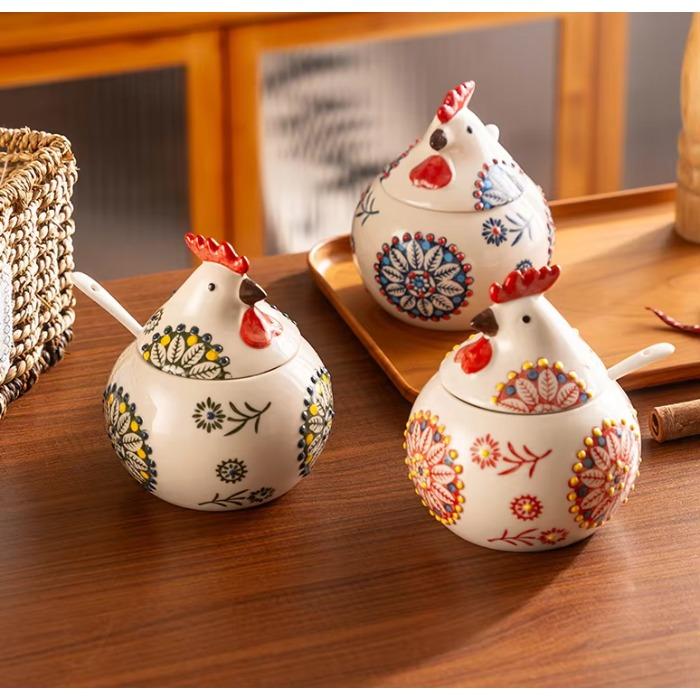 Cute Simple Little Chicken Seasoning Jar Creative Underglaze Painted Hand-painted Household Ceramic Container with Lid and Spoon