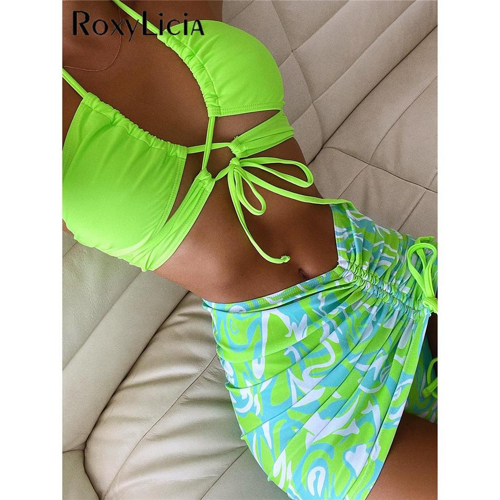 Sexy With Skirt Halter Lace Up Bikini Women Swimwear Female Swimsuit Three-pieces Bikini Set Bather Bathing Suit Swim Lady