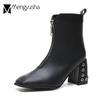Front Zipper Ankle Boots Women Punk Shoes Rivet Short Boots Women Square Toe Thick High Heels Winter Med-Long Motorcycle Botas