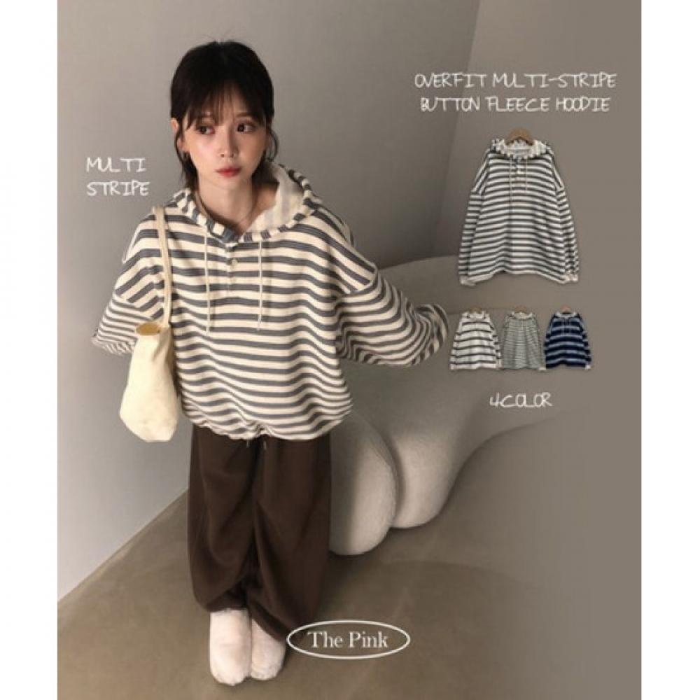 The Pink Oversized Multi Stripe Button Fleece Hoodie