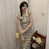 Spring/Summer 2025 Lapel Striped Knitted Women's Waist-Slimming Pleated Long Dress Trend