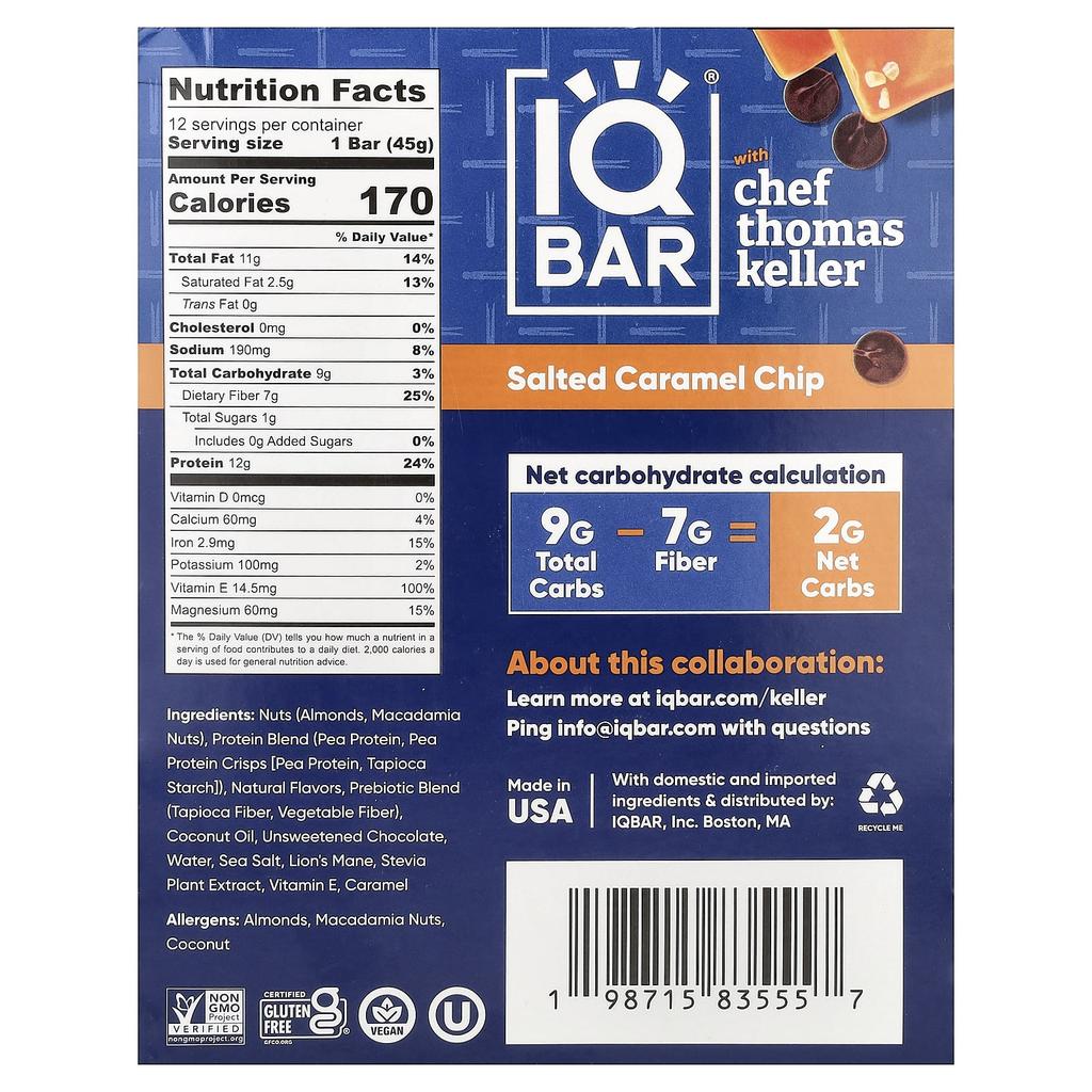 IQBAR Plant Protein Bars, Salted Caramel Chips with Roasted Macadamia Nuts, 12 Bars, 45g (1.6oz) Each