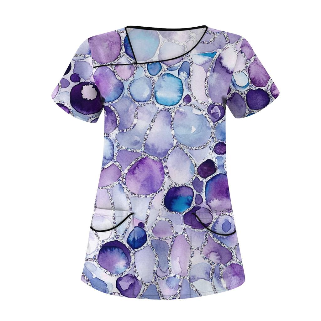 Women's Casual  Print Short Sleeve Sloping Collar Workwear Top With Double Pockets