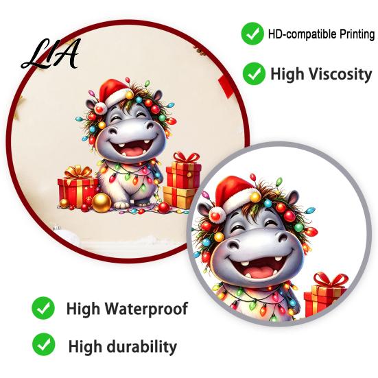 Indoor Outdoor Festive Ornaments Cartoon Hippo Christmas Wall Decal, Cute Sticker with Colorful Lights & Cheerful Animal Pattern Stickers Xmas Balls,
