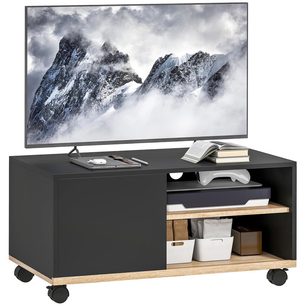TV Stand on Casters with Brakes, TV Cabinet with Cupboard and Adjustable Shelf, Black and Oak