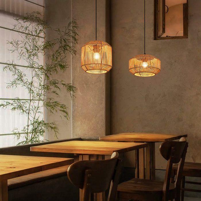 Lampe suspension rotin naturel NETTLIFE 1 lumière, Design bohème chic métal noir, Court, Luminaire E27 pour salle à manger salon