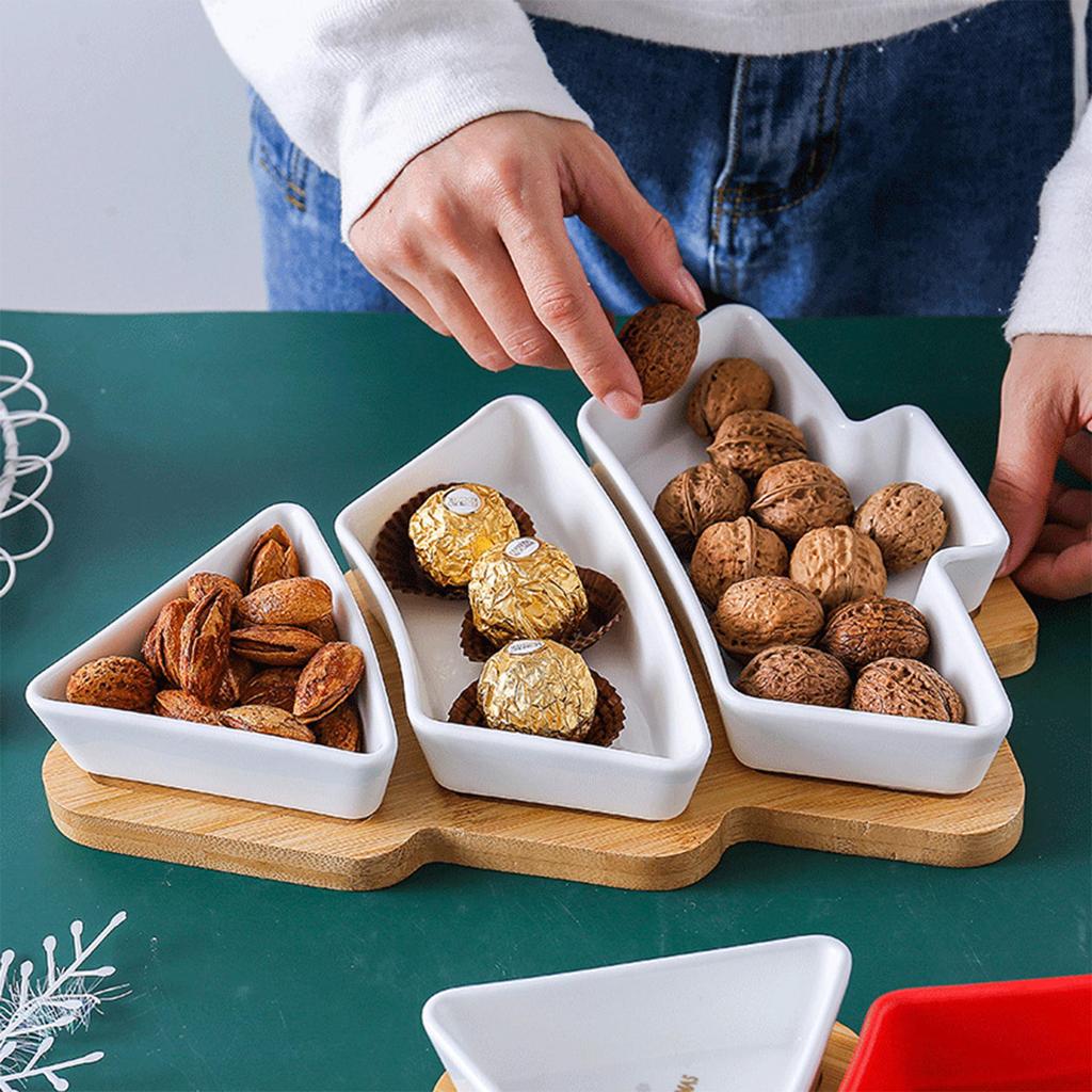 Christmas Tree Tray, Snack Serving Tray, Holiday Serving Dish, Ceramic Snack Bowls, Bamboo Serving Tray