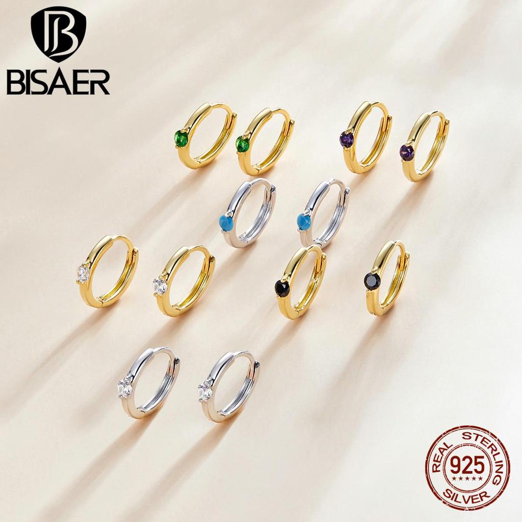 Bisaer 925 Sterling Silver Hypoallergenic Earrings Colorful Cubic Zirconia Women Ear Buckles