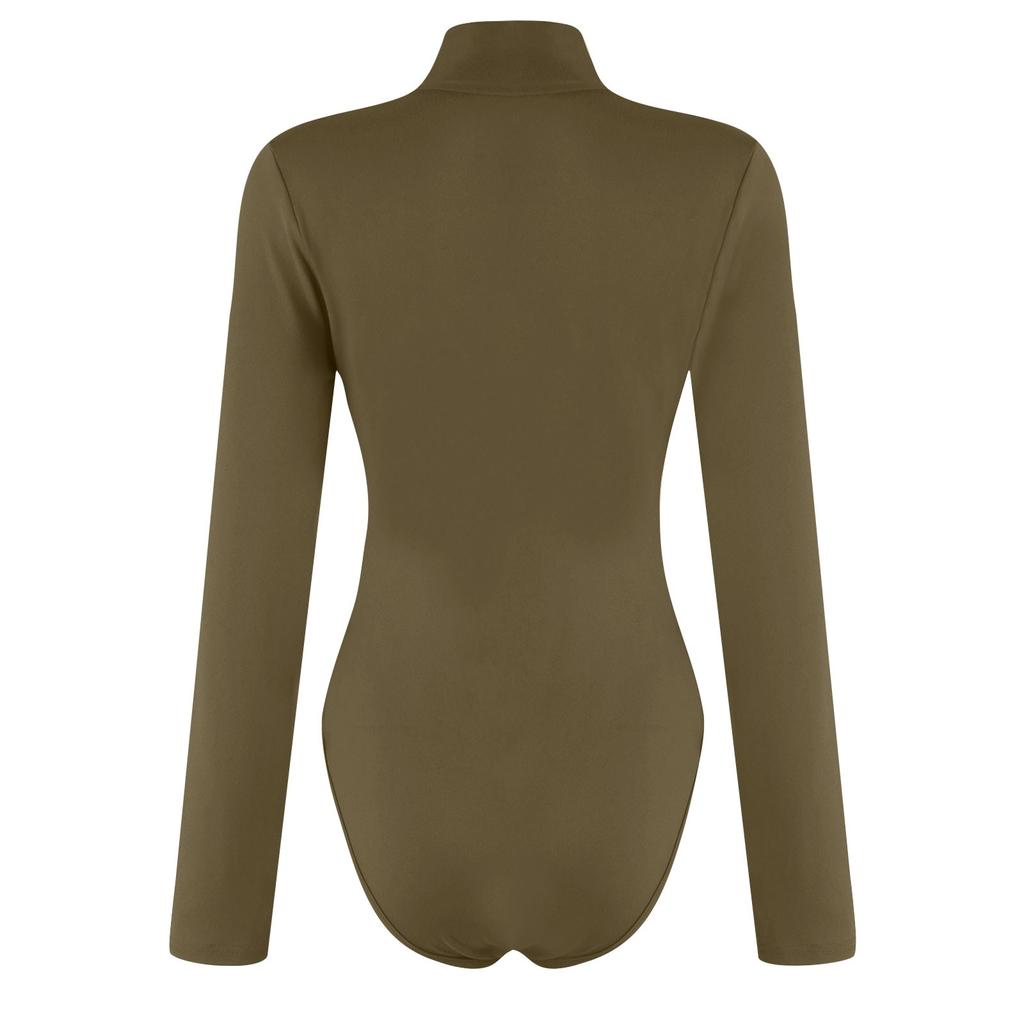 Женская цельная футболка, тонкий комбинезон с длинными рукавами и высоким воротом, однотонный топ