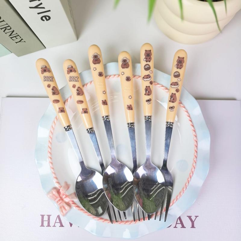 Портативный мультяшный капибара из нержавеющей стали столовые приборы двухпредметный набор вилка ложка студенческие наборы посуды кухонная посуда