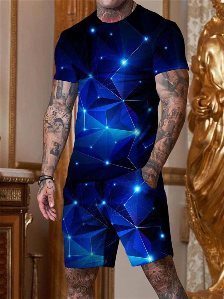 Male Casual Suit Fashion Summer Print T-shirt + Shorts 2 Piece Set O Neck Men's Sportswear Streetwear Tracksuit Men