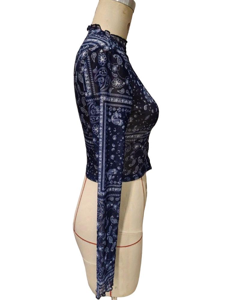 Весенне-летняя элегантная женская сетчатая футболка с принтом, воротником-стойкой и длинными рукавами, укороченная. Универсальная модная рубашка.