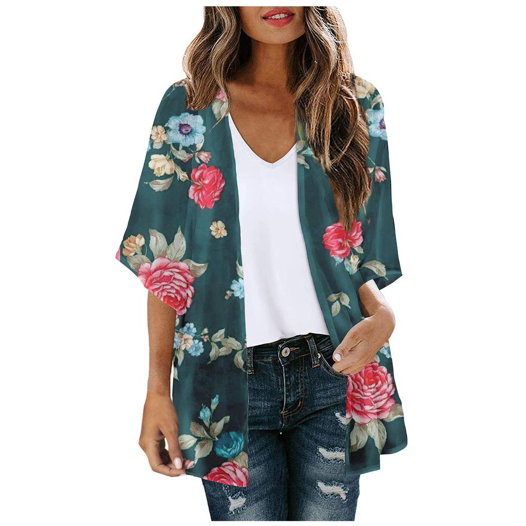 Women's Fashion Printed Seven-Part Sleeve Cardigan Loose Blouse Casual Blouse Top