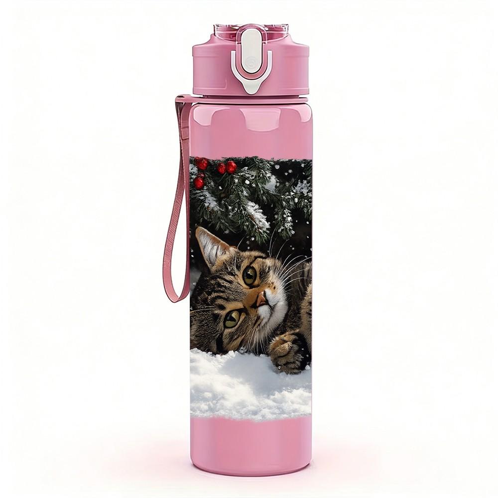 1PC Cat Resting Snow Winter Scene Print 750ml Color Plastic Sports Water Bottle Leakproof Flip Straw Lid Suitable for Sports Office Home Use