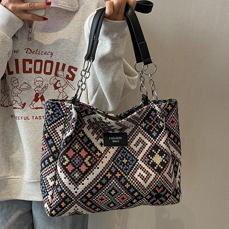 Ethnic Style Large Capacity Commuting Canvas Bag Women's Versatile Single Shoulder Tote Bag