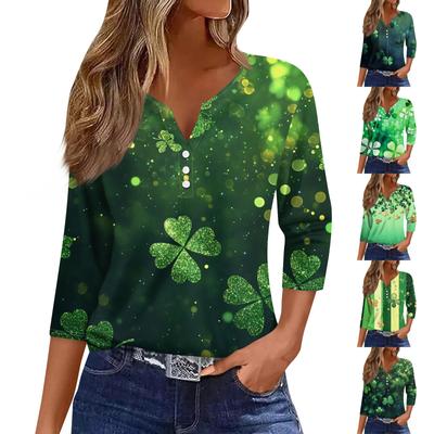 Жен. Футболка Футболка С принтом Пуговицы Рукав 3/4 Повседневные Выходные Мода Классический V-образный вырез Обычный Топ