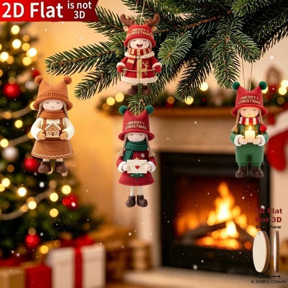 8/10/12pcs 2D Flat Christmas Tree Ornaments Santa Claus Hanging Pendant Festival Decorations