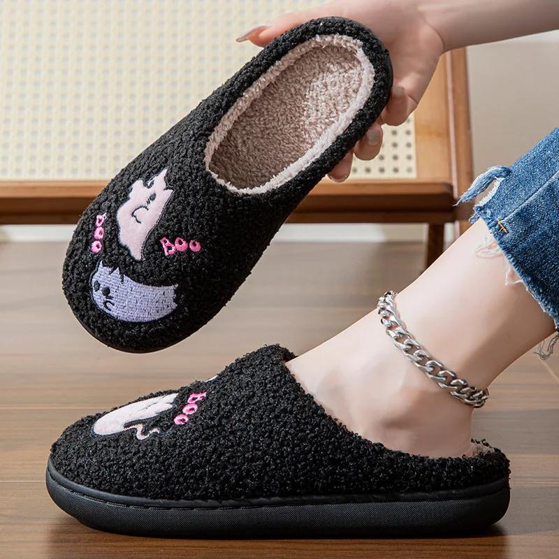 Fashion Halloween Cartoon Ghost Plush Woman Slippers Closed Toe Warm Winter Home Slippers for Women 2024 Soft Sole Fuzzy Indoor Slippers