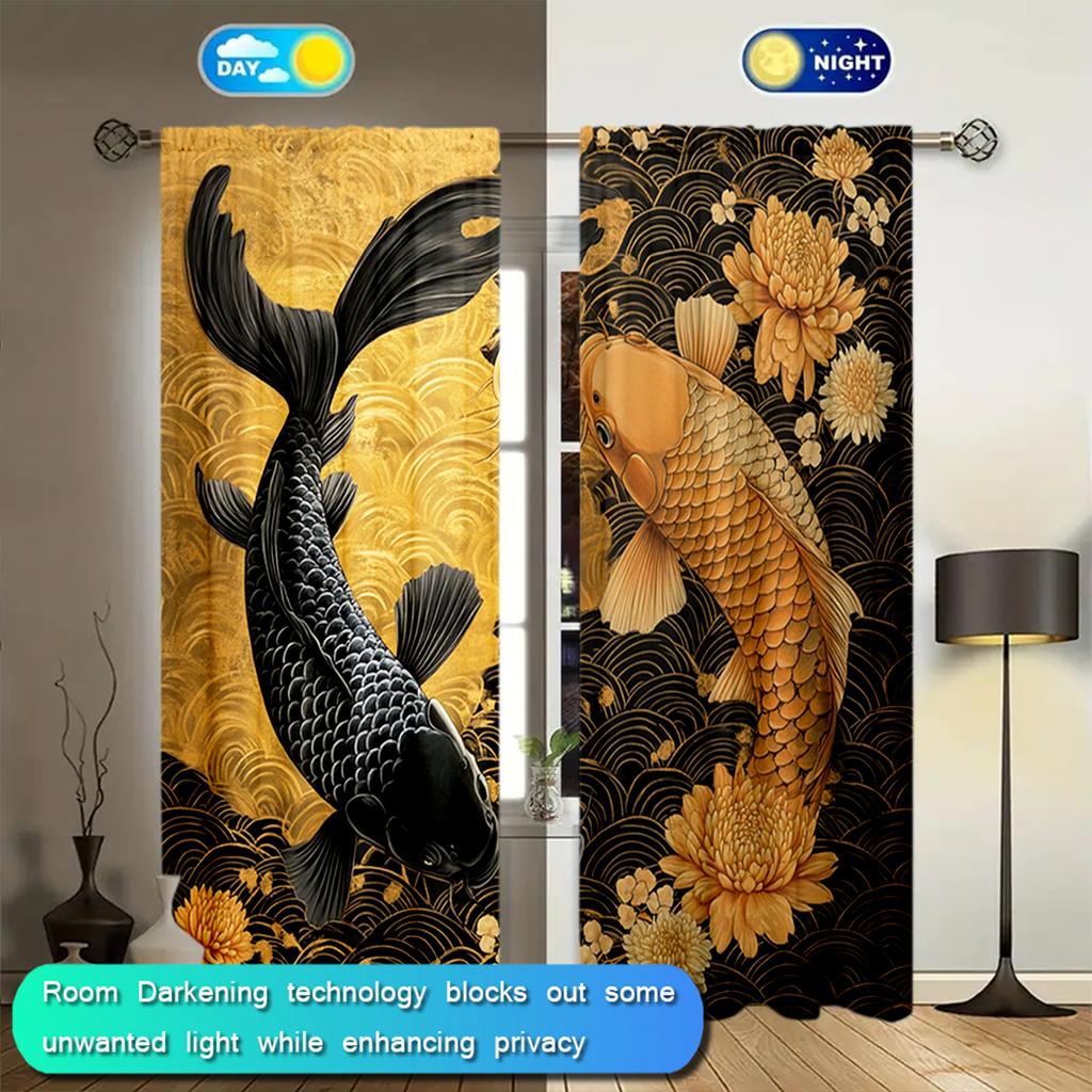 2pcs Koi Auspicious Pattern Printed Curtain for Home Decor - Rod Pocket Window Treatment for Bedroom, Office, Kitchen