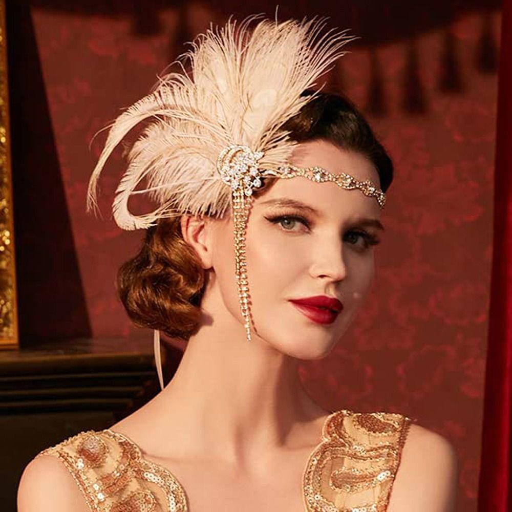 Crystal Cosplay Dress Headwear Vintage 1920s Hair Accessories Feather Headband  Bridal Headdress