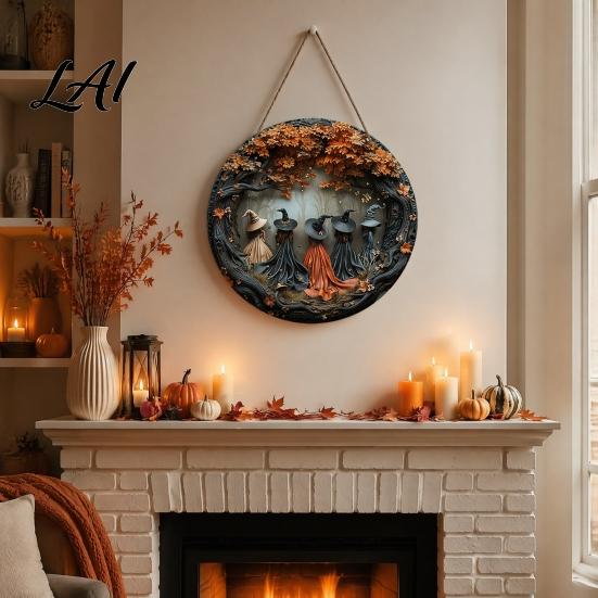 Unique House Warming Gift Halloween Round Wooden Hanging Door Sign with 5 Witches Decorative Outdoor Garden Plaque Wall for Home Front Porch
