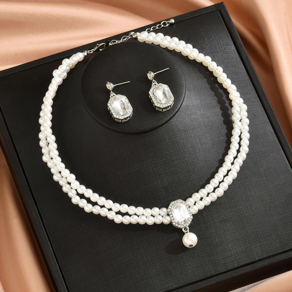 Ladies Two Layer Pearl Shines Oblong Crystal Necklace & Ear Drop Jewelry Set