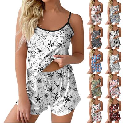 Женская мода повседневный безрукавный топ шорты пижамный комплект с рождественским принтом