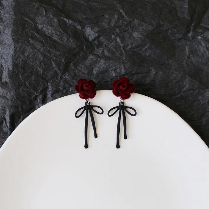Серьги-бантики из красной флокированной ткани, темпераментные серьги с длинными бахромой в виде сладких цветов