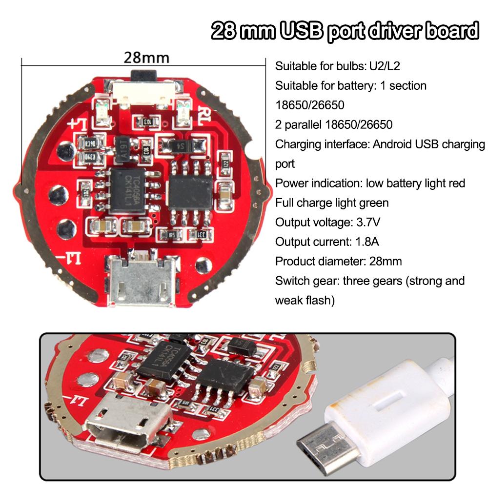 Flashlight with USB28 charging driver board 25mm power supply circuit board T6/L2 bulb 26650 battery