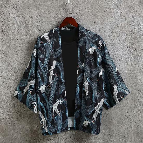 Men Shirt Chinese Style Print 3/4 Sleeve Relaxed Fit Streetwear Japanese Loose Stand Collar Kimono Top Men Clothing