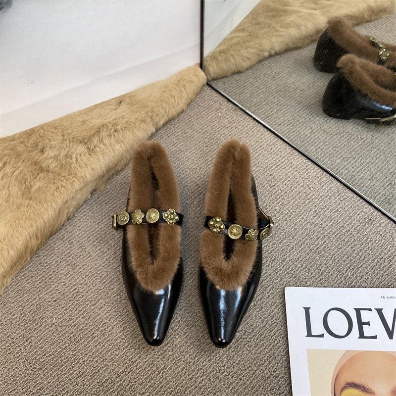 Туфли Мэри Джейн из кожи с металлической пряжкой, пушистые туфли, французские остроносые ретро-бархатные женские теплые туфли из хлопка