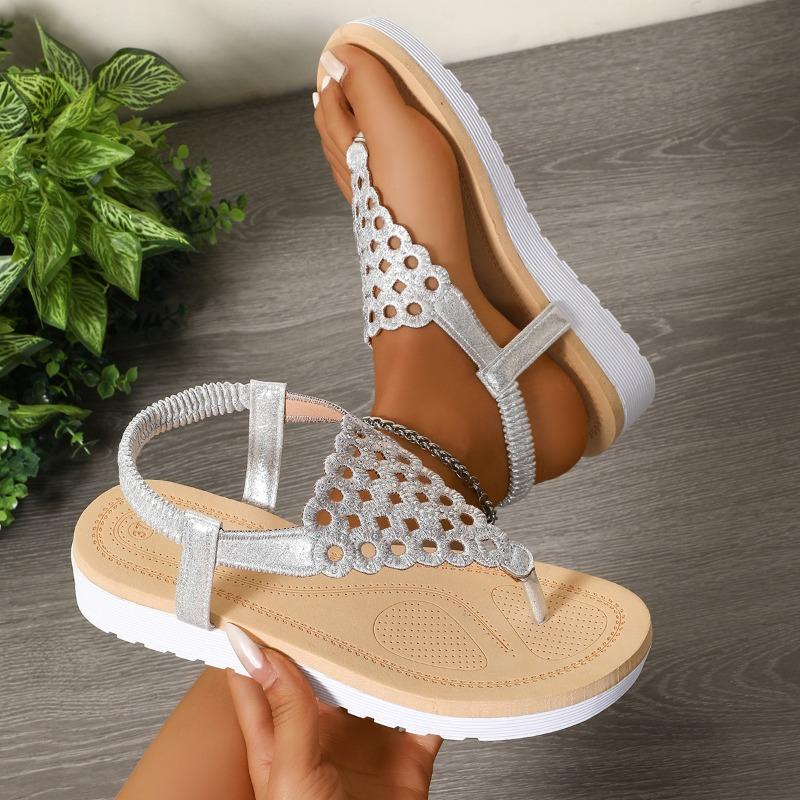 Sandals Women's Summer New Rhinestone Wedge Sandals Muffin Thick-soled Elastic Herringbone Sandals
