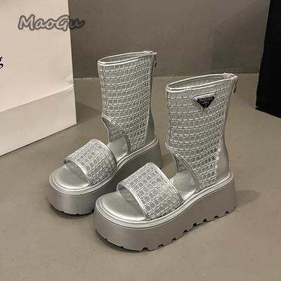 Модные женские летние ботинки Размер 35-40 Новые полые ботинки на молнии сзади с открытым носком Крутые ботинки Толстая подошва Сандалии на платформе Обувь, увеличивающая рост