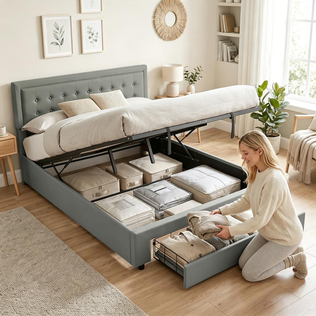PU Leather King Size Ottoman Bed Frame, with Front Drawer - Grey