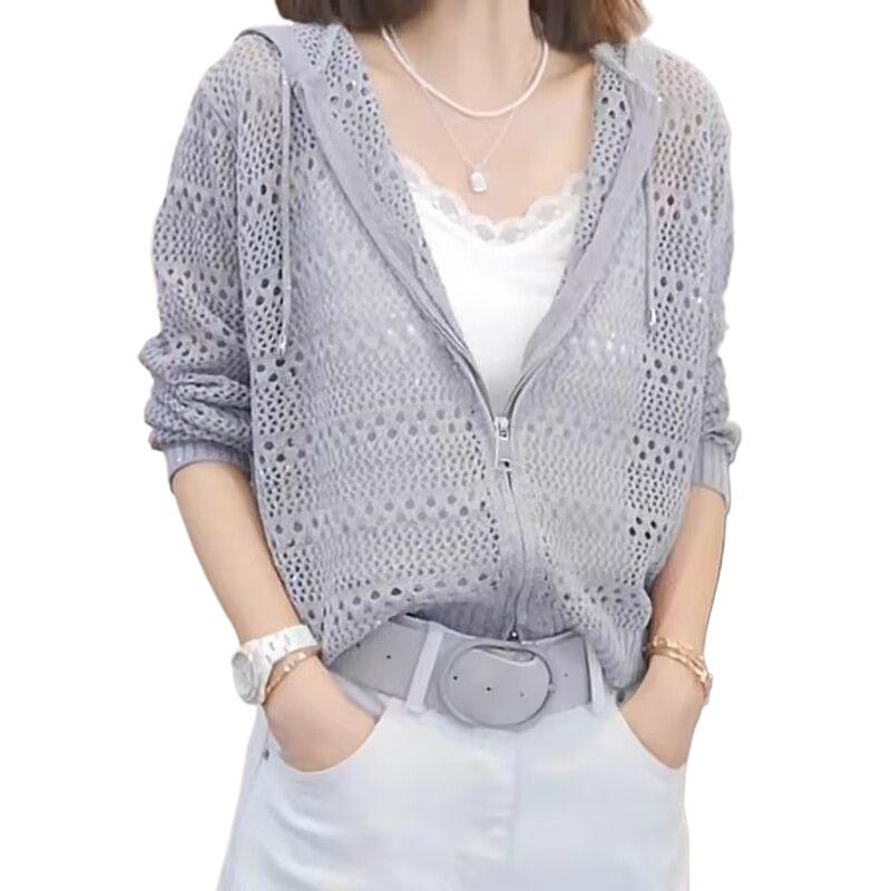 Изысканный женский ажурный вязаный кардиган с капюшоном - Повседневный топ свободного кроя с длинными рукавами для весны и осени 2025