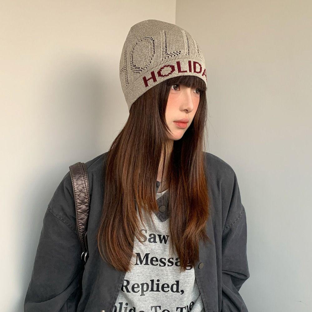 Vintage Letter Beanie Hat Cool Knitted Pullover Hat Fashion Sequin Knitted Hat  Streetwear