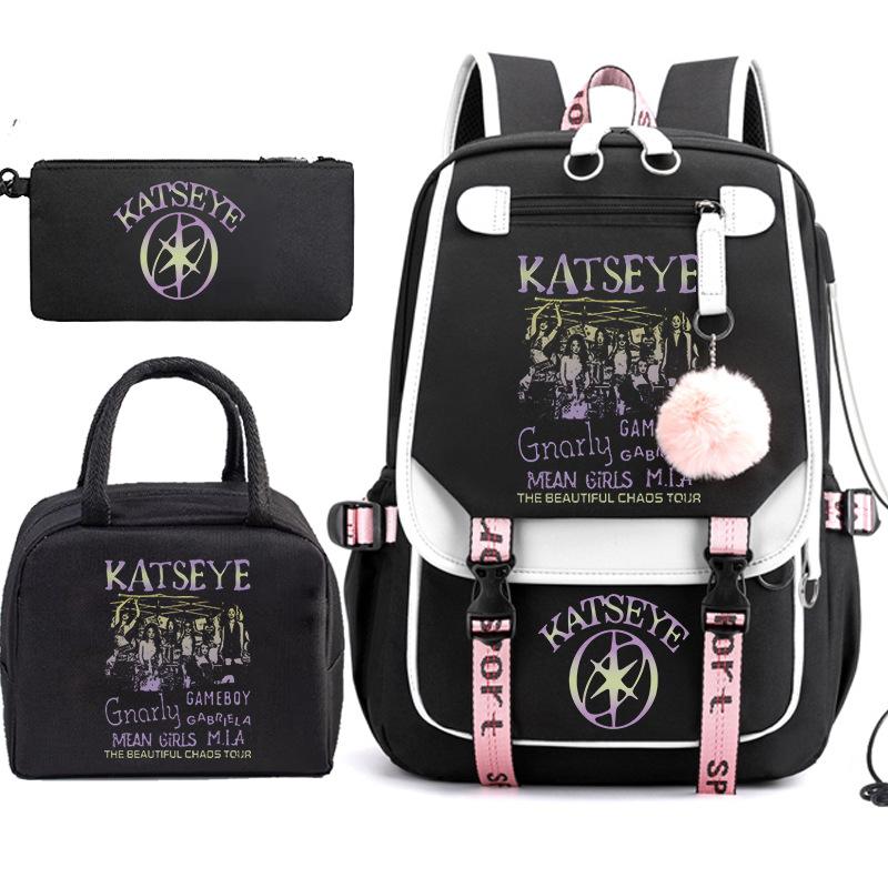 KATSEYE K-Pop Girl Group Print Backpack Set of 3, Student Bookbag, Large Capacity Water-Resistant Travel Daypack