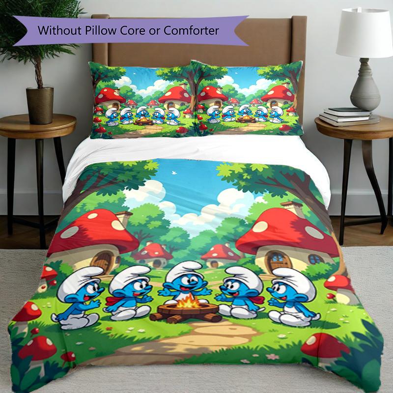 3pcs Duvet Cover Set (1*Duvet Cover + 2*Pillowcase, Without Core), Blue Smurfs Print Bedding Set, Bedroom Decor, All‑Season, Birthday Gift
