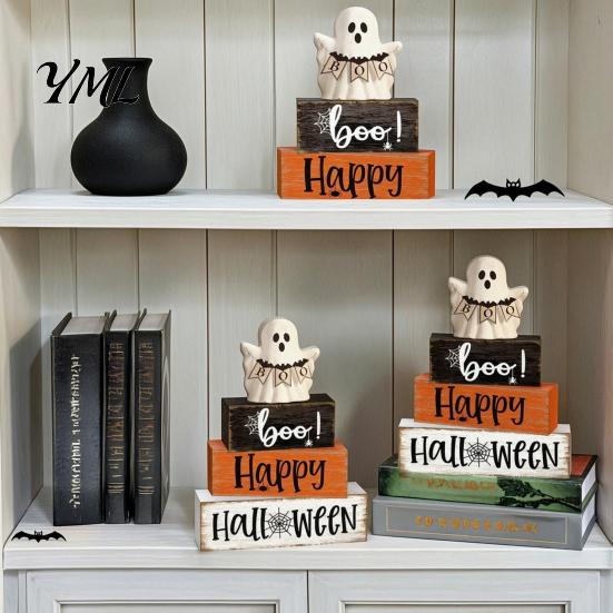 Indoor Fall Home Accents Halloween Ghost Decoration, Wooden Sign Tiered Tray Ornament, Farmhouse Durable Solid Wood Crafts Tabletop Centerpiece