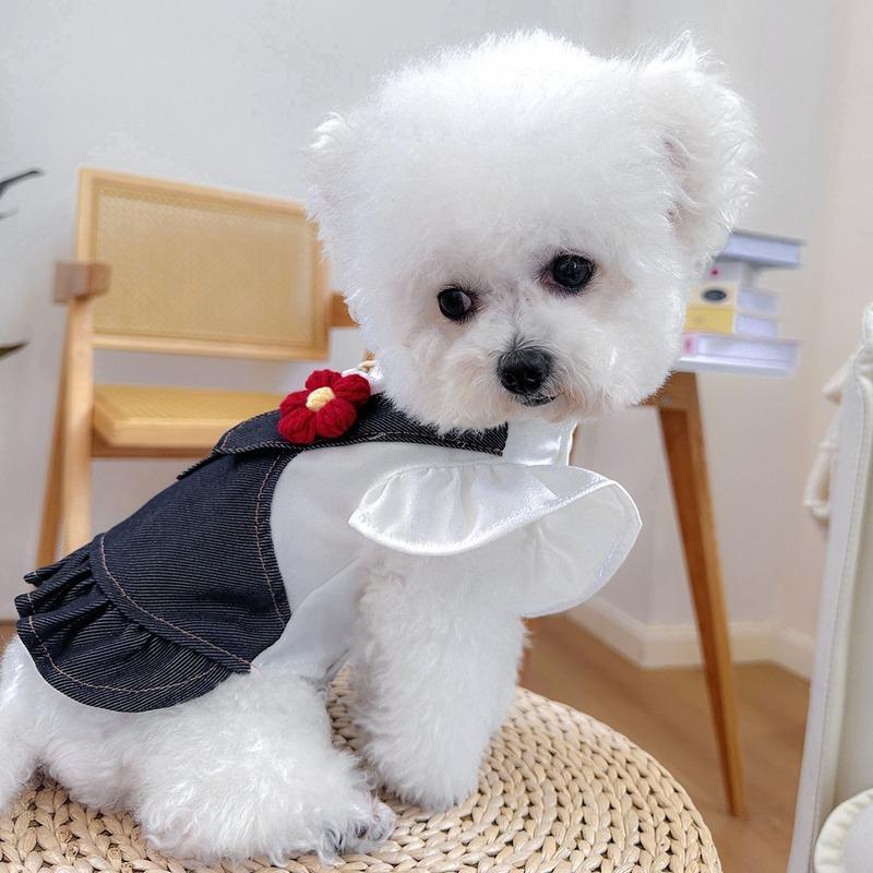 1Pcs Pet Circle Dog Clothing Cat Clothes Pocket Collection Denim Floral Small and Medium Dogs Little Red Flower Dress