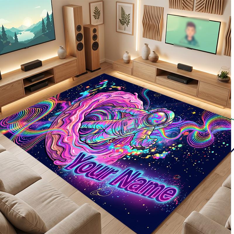 Astronaut Space Theme Soft Crystal Velvet Rug Custom Name & Text Print Non Slip Floor Rug for Bedroom Living Room